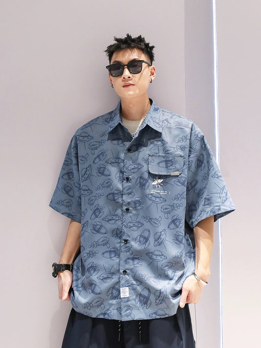 Youshu small flying saucer drape lapel short-sleeved shirt summer boys 2023 new Hong Kong style high-end casual half-sleeve