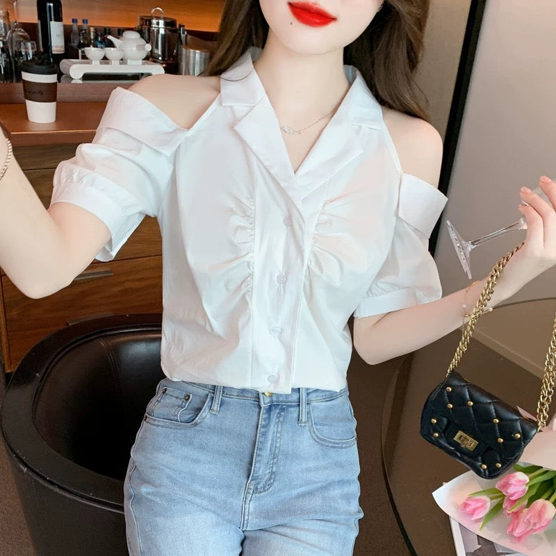 Short-sleeved shirt for women 2024 new summer hot style chic and beautiful shirt temperament short off-shoulder design top