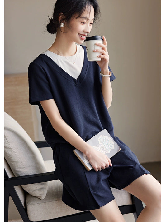 XWI/Xinwei contrasting color splicing design T-shirt suit women's summer casual loose slimming short-sleeved shorts two-piece set