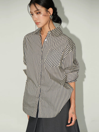 NEVA HU blue striped shirt women's loose 2024 autumn Korean style casual design niche long-sleeved shirt