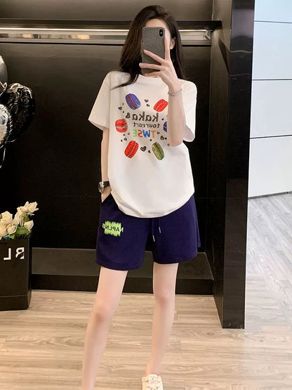 Student trend casual printed short-sleeved suit women's summer 2025 loose sports shorts two-piece suit fashionable age-reducing slimming