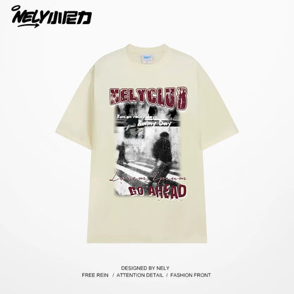 NELY American street abstract print cotton short-sleeved T-shirt for men and women summer couples all-match loose T-shirt