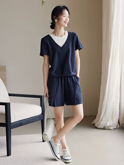 XWI/Xinwei contrasting color splicing design T-shirt suit women's summer casual loose slimming short-sleeved shorts two-piece set