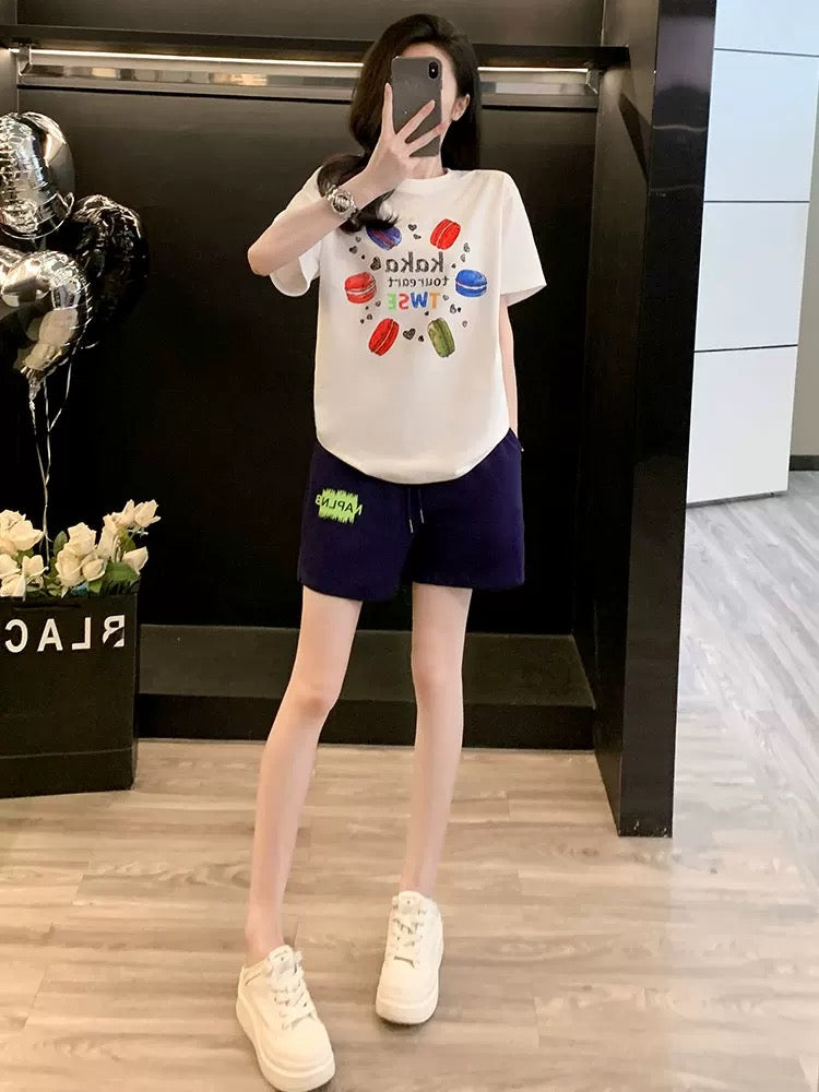 Student trend casual printed short-sleeved suit women's summer 2025 loose sports shorts two-piece suit fashionable age-reducing slimming