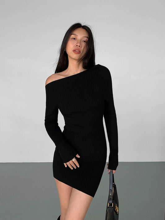 NEVA HU Sexy Slant Neck Knitted Dress Women's 2024 Autumn Slim Fit Waist Bottoming Hip Skirt