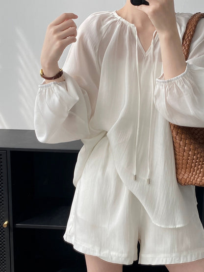 European Tencel suit women's summer thin long-sleeved sunscreen shirt high-waisted wide-leg shorts casual sports two-piece set