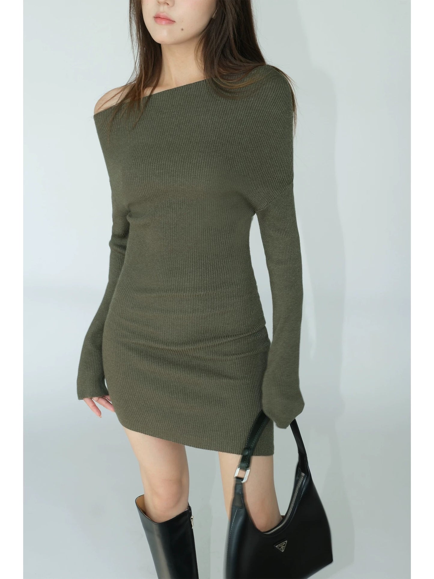 NEVA HU Sexy Slant Neck Knitted Dress Women's 2024 Autumn Slim Fit Waist Bottoming Hip Skirt