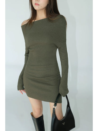 NEVA HU Sexy Slant Neck Knitted Dress Women's 2024 Autumn Slim Fit Waist Bottoming Hip Skirt