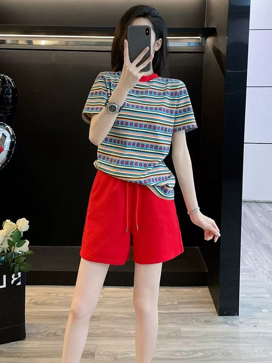 Age-reducing fashionable striped short-sleeved sports suit for women in summer 2025 casual shorts two-piece loose and fashionable running clothes