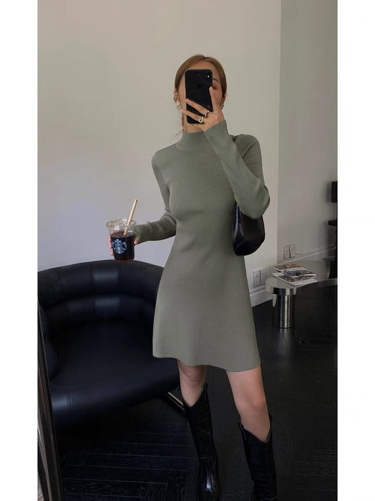 NEVA HU black mid-high collar slim knitted dress for women 2024 autumn new slimming inner hip skirt