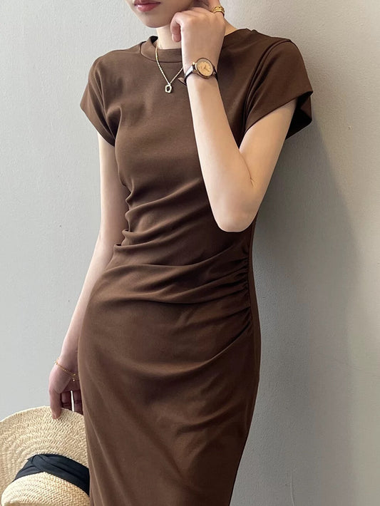 Tea break French dress for women in summer, small waist slimming short-sleeved T-shirt dress, temperament pinch waist mid-length skirt