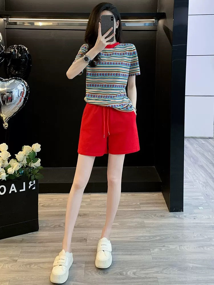 Age-reducing fashionable striped short-sleeved sports suit for women in summer 2025 casual shorts two-piece loose and fashionable running clothes