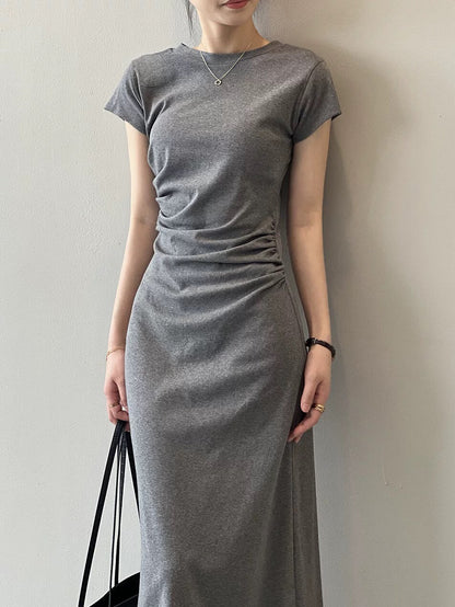 Tea break French dress for women in summer, small waist slimming short-sleeved T-shirt dress, temperament pinch waist mid-length skirt