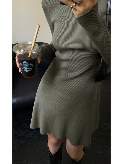 NEVA HU black mid-high collar slim knitted dress for women 2024 autumn new slimming inner hip skirt