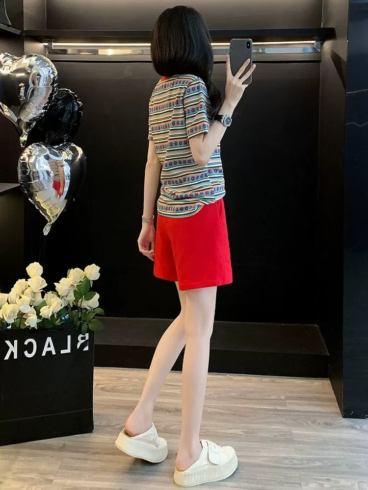 Age-reducing fashionable striped short-sleeved sports suit for women in summer 2025 casual shorts two-piece loose and fashionable running clothes