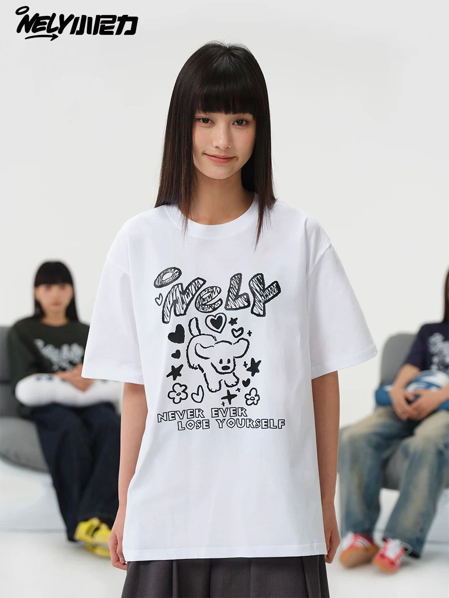 American letter dog print cotton short-sleeved T-shirt for men and women, design niche cotton youth heavyweight half-sleeve