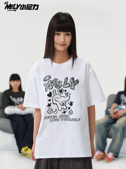 American letter dog print cotton short-sleeved T-shirt for men and women, design niche cotton youth heavyweight half-sleeve
