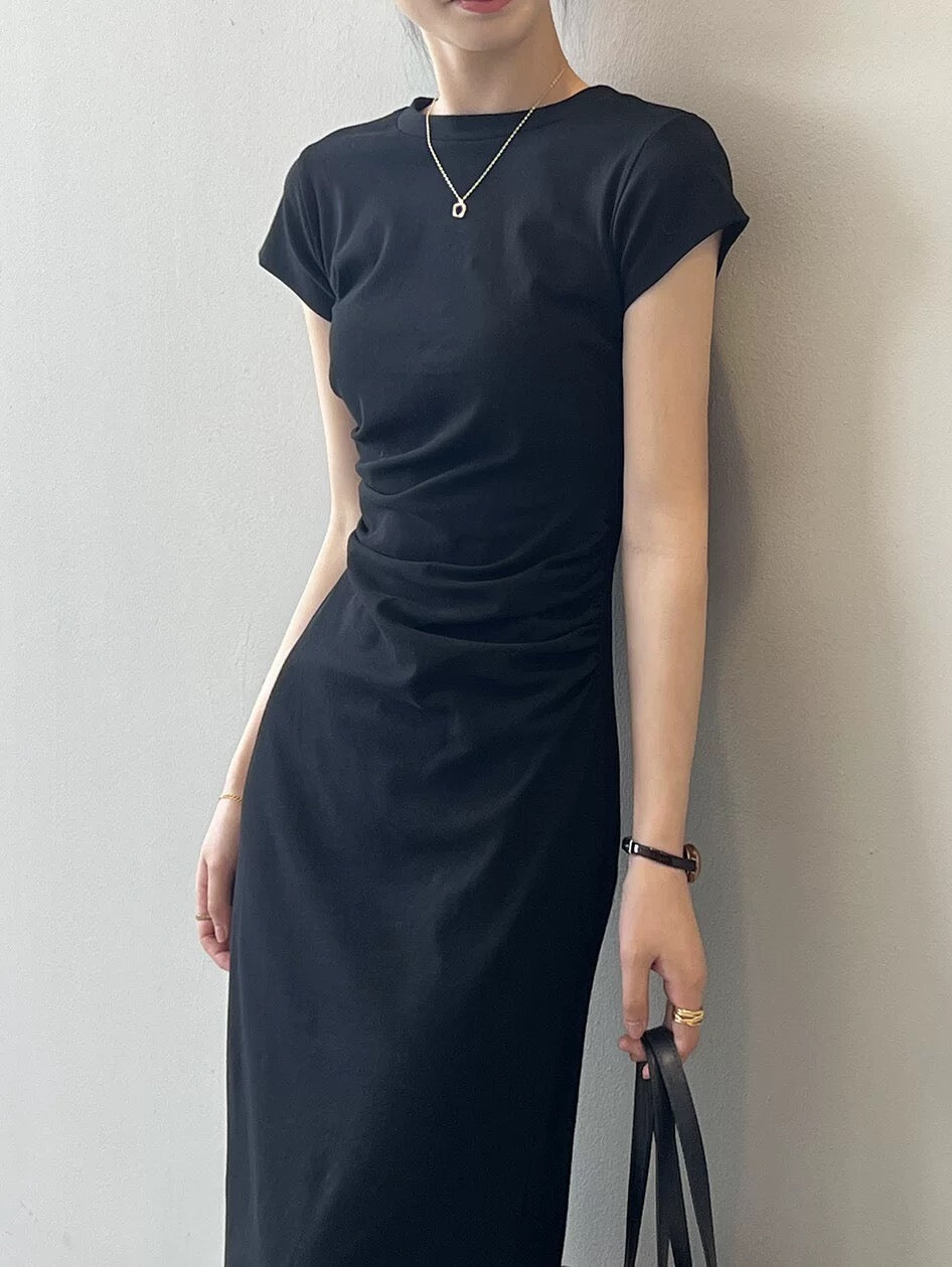 Tea break French dress for women in summer, small waist slimming short-sleeved T-shirt dress, temperament pinch waist mid-length skirt