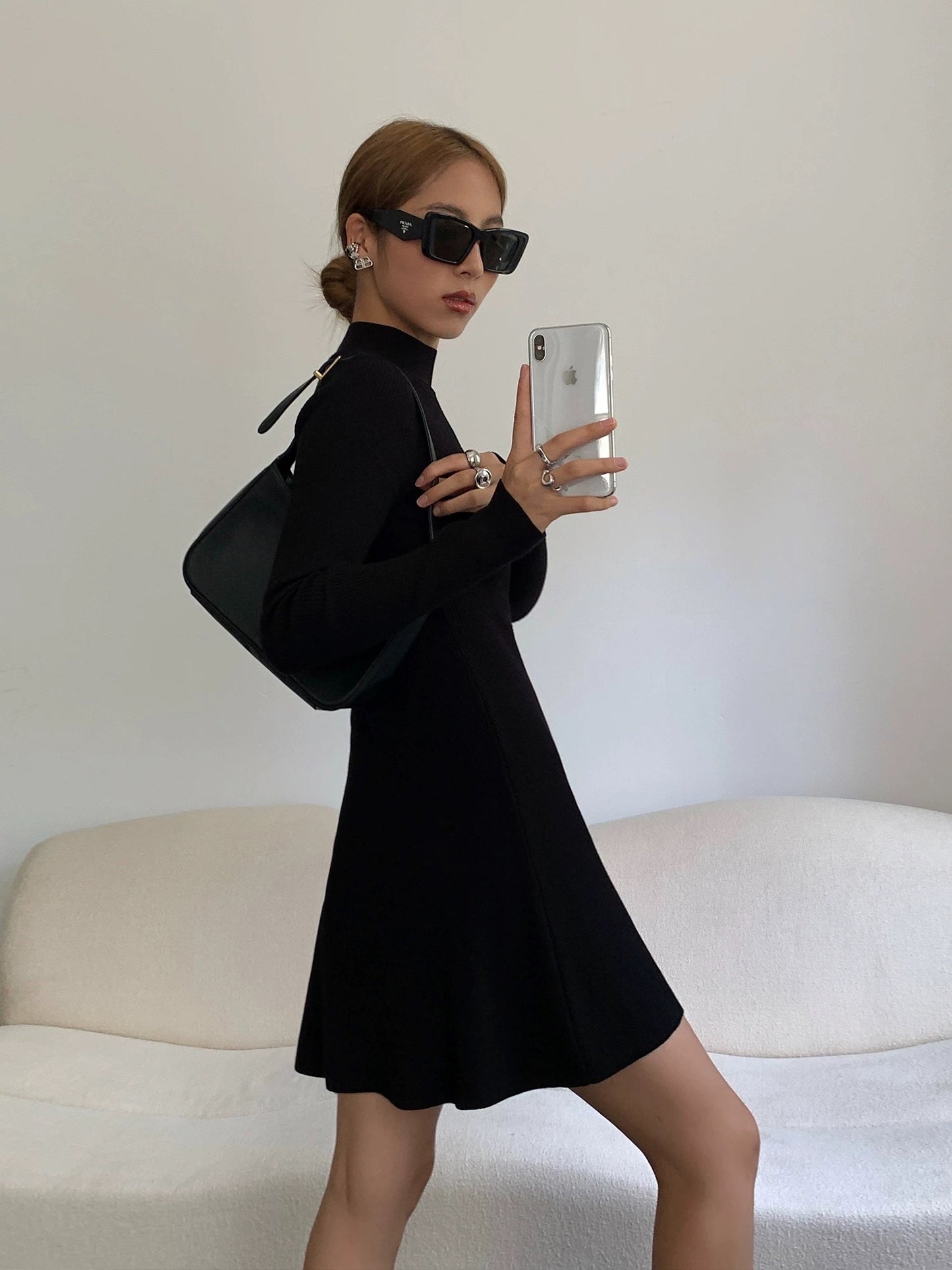 NEVA HU black mid-high collar slim knitted dress for women 2024 autumn new slimming inner hip skirt