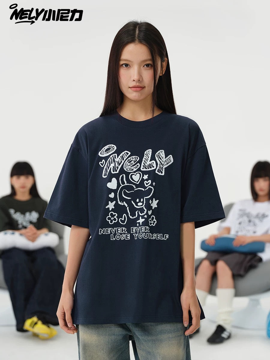 American letter dog print cotton short-sleeved T-shirt for men and women, design niche cotton youth heavyweight half-sleeve