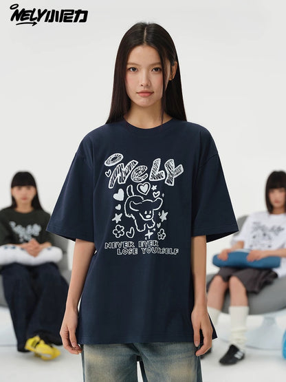 American letter dog print cotton short-sleeved T-shirt for men and women, design niche cotton youth heavyweight half-sleeve