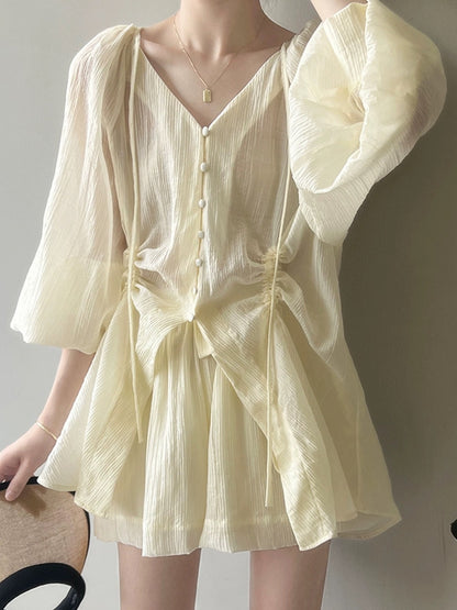 Tencel sun protection suit women's summer puff sleeves lace-up V-neck shirt high-waisted wide-leg shorts casual fashion two-piece set