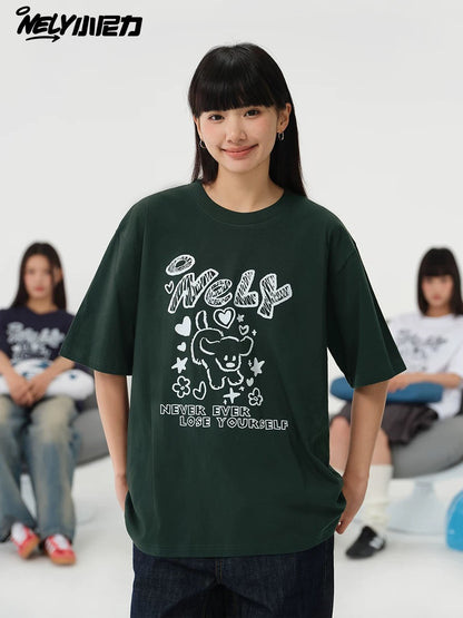 American letter dog print cotton short-sleeved T-shirt for men and women, design niche cotton youth heavyweight half-sleeve