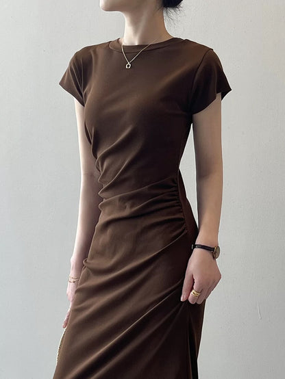 Tea break French dress for women in summer, small waist slimming short-sleeved T-shirt dress, temperament pinch waist mid-length skirt