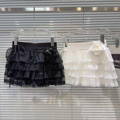 Popular online style, 2025 Autumn New French Sweet Camellia Lace Skirt with Tie-up Design, Cake Skirt, Midi Skirt