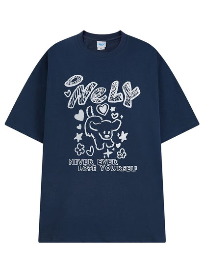 American letter dog print cotton short-sleeved T-shirt for men and women, design niche cotton youth heavyweight half-sleeve