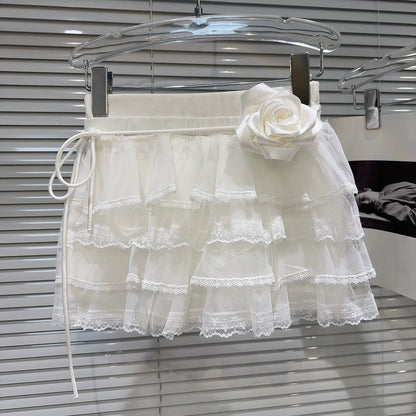 Popular online style, 2025 Autumn New French Sweet Camellia Lace Skirt with Tie-up Design, Cake Skirt, Midi Skirt