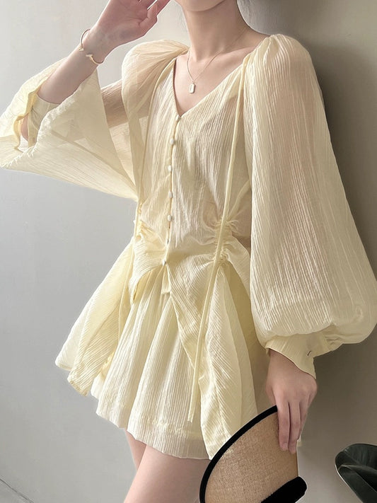 Tencel sun protection suit women's summer puff sleeves lace-up V-neck shirt high-waisted wide-leg shorts casual fashion two-piece set