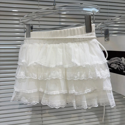 Popular online style, 2025 Autumn New French Sweet Camellia Lace Skirt with Tie-up Design, Cake Skirt, Midi Skirt