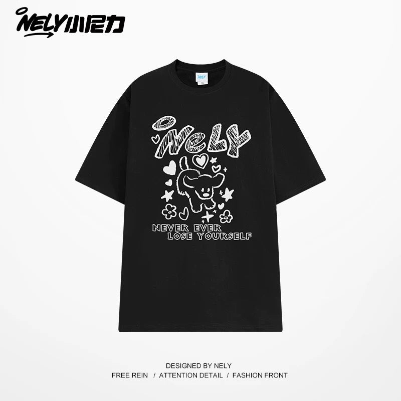 American letter dog print cotton short-sleeved T-shirt for men and women, design niche cotton youth heavyweight half-sleeve