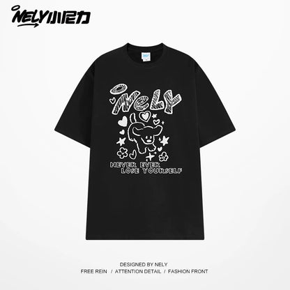 American letter dog print cotton short-sleeved T-shirt for men and women, design niche cotton youth heavyweight half-sleeve