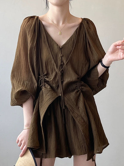 Tencel sun protection suit women's summer puff sleeves lace-up V-neck shirt high-waisted wide-leg shorts casual fashion two-piece set