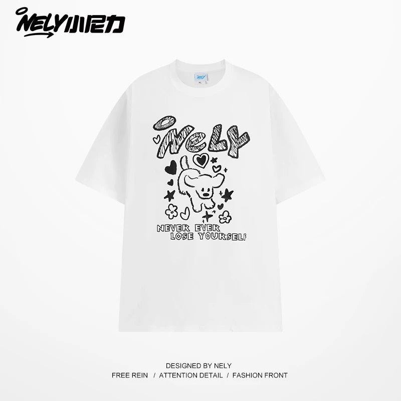 American letter dog print cotton short-sleeved T-shirt for men and women, design niche cotton youth heavyweight half-sleeve