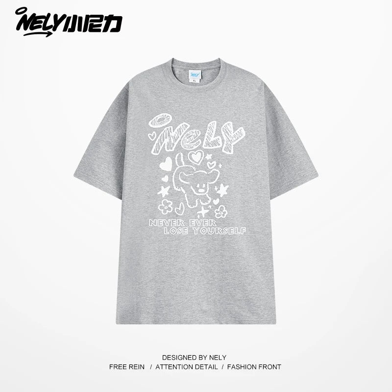 American letter dog print cotton short-sleeved T-shirt for men and women, design niche cotton youth heavyweight half-sleeve