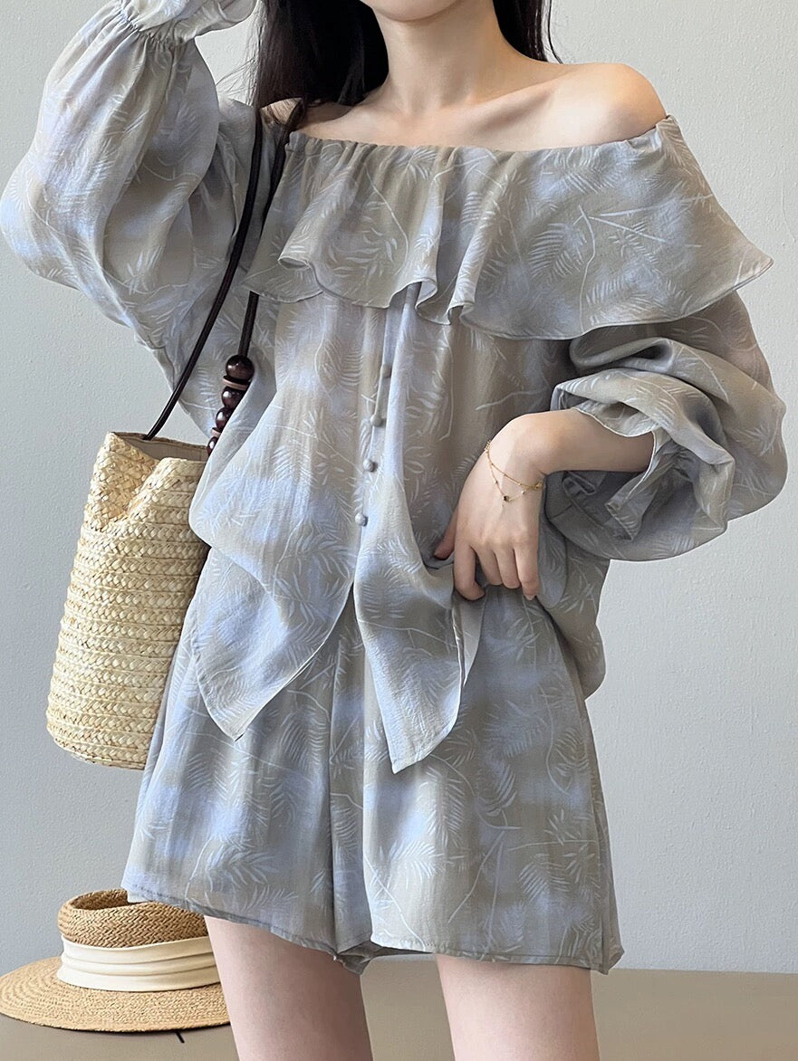 Ruffled shorts suit, women's summer dress, one-piece collar, sun protection shirt, top, wide-leg pants, two-piece set, complete outfit