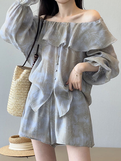 Ruffled shorts suit, women's summer dress, one-piece collar, sun protection shirt, top, wide-leg pants, two-piece set, complete outfit