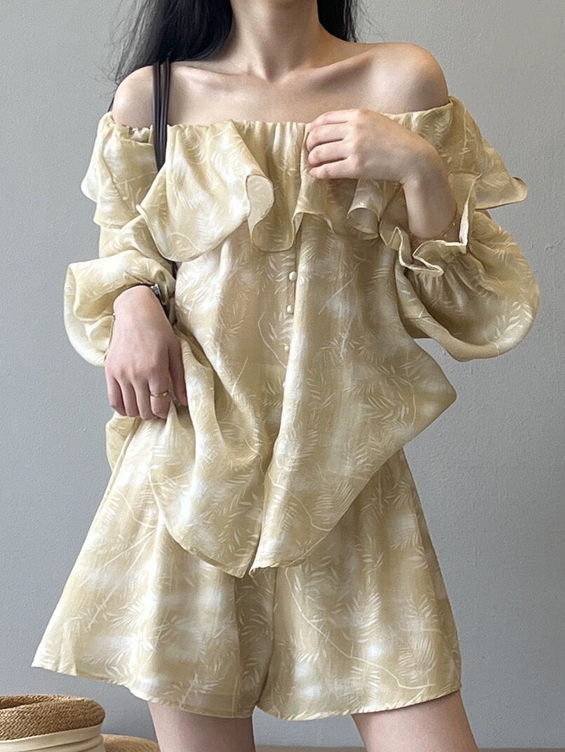 Ruffled shorts suit, women's summer dress, one-piece collar, sun protection shirt, top, wide-leg pants, two-piece set, complete outfit