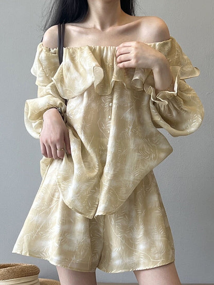 Ruffled shorts suit, women's summer dress, one-piece collar, sun protection shirt, top, wide-leg pants, two-piece set, complete outfit
