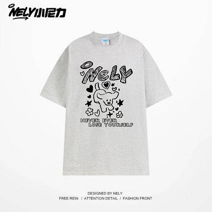 American letter dog print cotton short-sleeved T-shirt for men and women, design niche cotton youth heavyweight half-sleeve