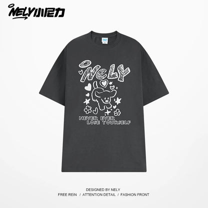 American letter dog print cotton short-sleeved T-shirt for men and women, design niche cotton youth heavyweight half-sleeve