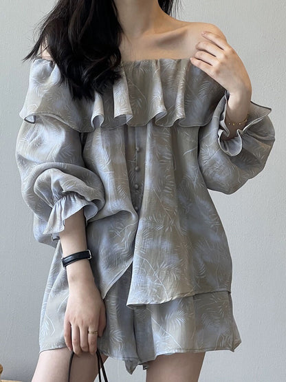 Ruffled shorts suit, women's summer dress, one-piece collar, sun protection shirt, top, wide-leg pants, two-piece set, complete outfit