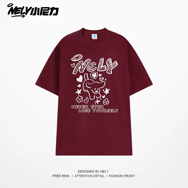 American letter dog print cotton short-sleeved T-shirt for men and women, design niche cotton youth heavyweight half-sleeve