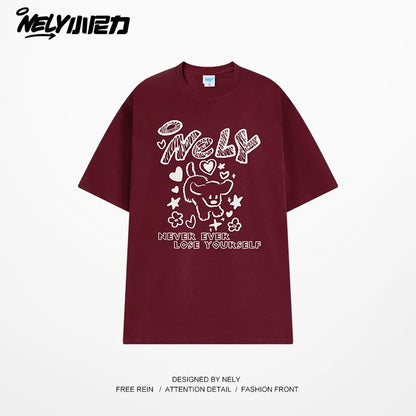 American letter dog print cotton short-sleeved T-shirt for men and women, design niche cotton youth heavyweight half-sleeve