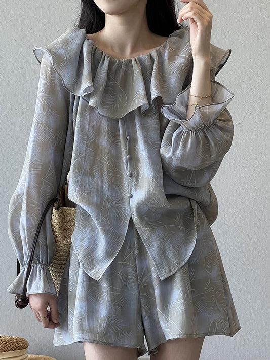 Ruffled shorts suit, women's summer dress, one-piece collar, sun protection shirt, top, wide-leg pants, two-piece set, complete outfit