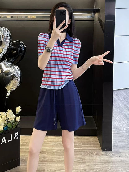 Fashionable casual sports suit for women in summer 2025, age-reducing striped sweater, wide-leg shorts, two-piece suit, slimming