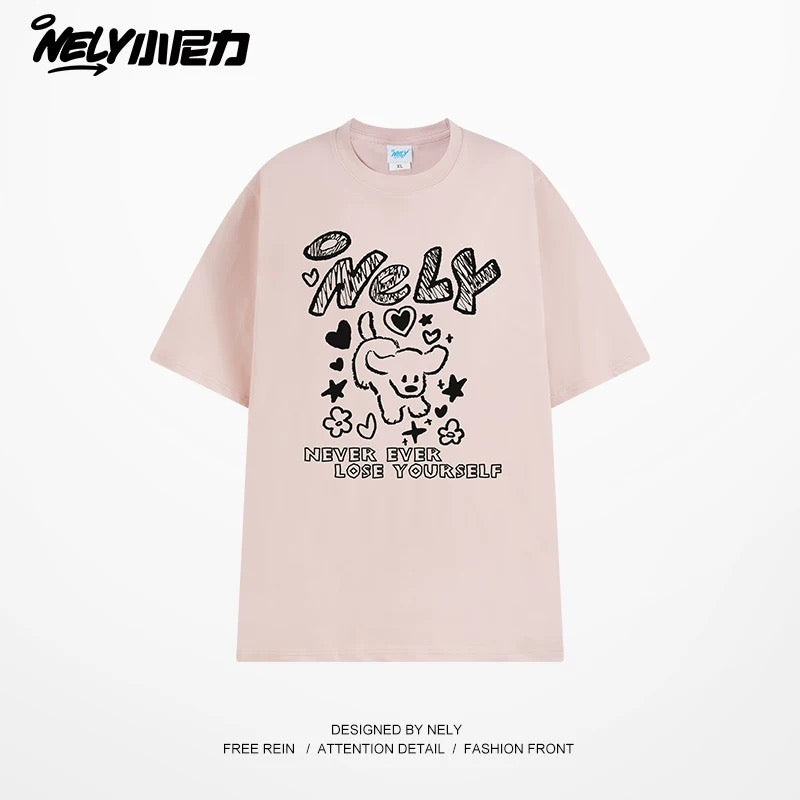 American letter dog print cotton short-sleeved T-shirt for men and women, design niche cotton youth heavyweight half-sleeve